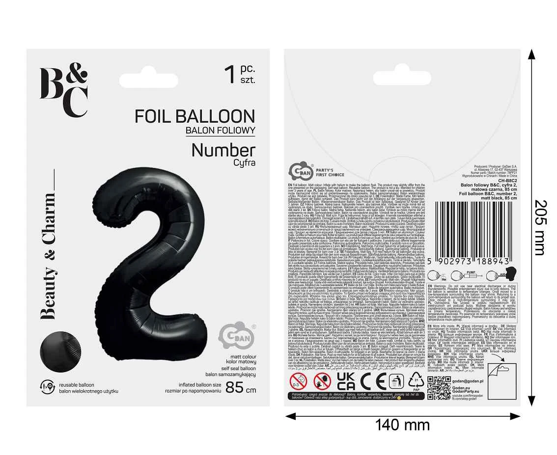 Foil balloon B&C, number 2, matt black, 85 cm